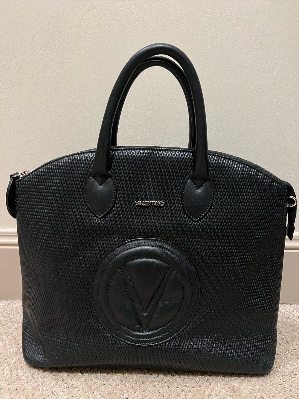 Valentino Black Textured Logo Tote satchel Bag - Picture 1 of 10